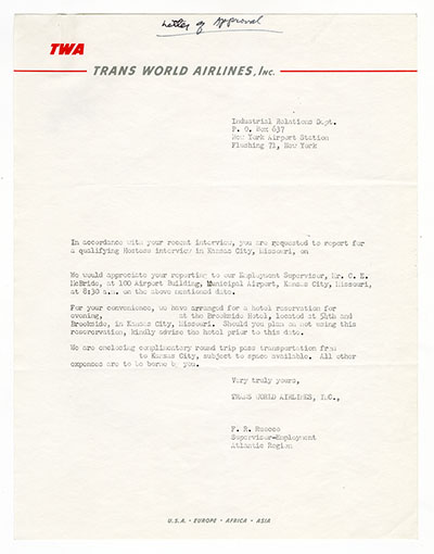 Sample Hiring Letter from Trans World Airlines (TWA)