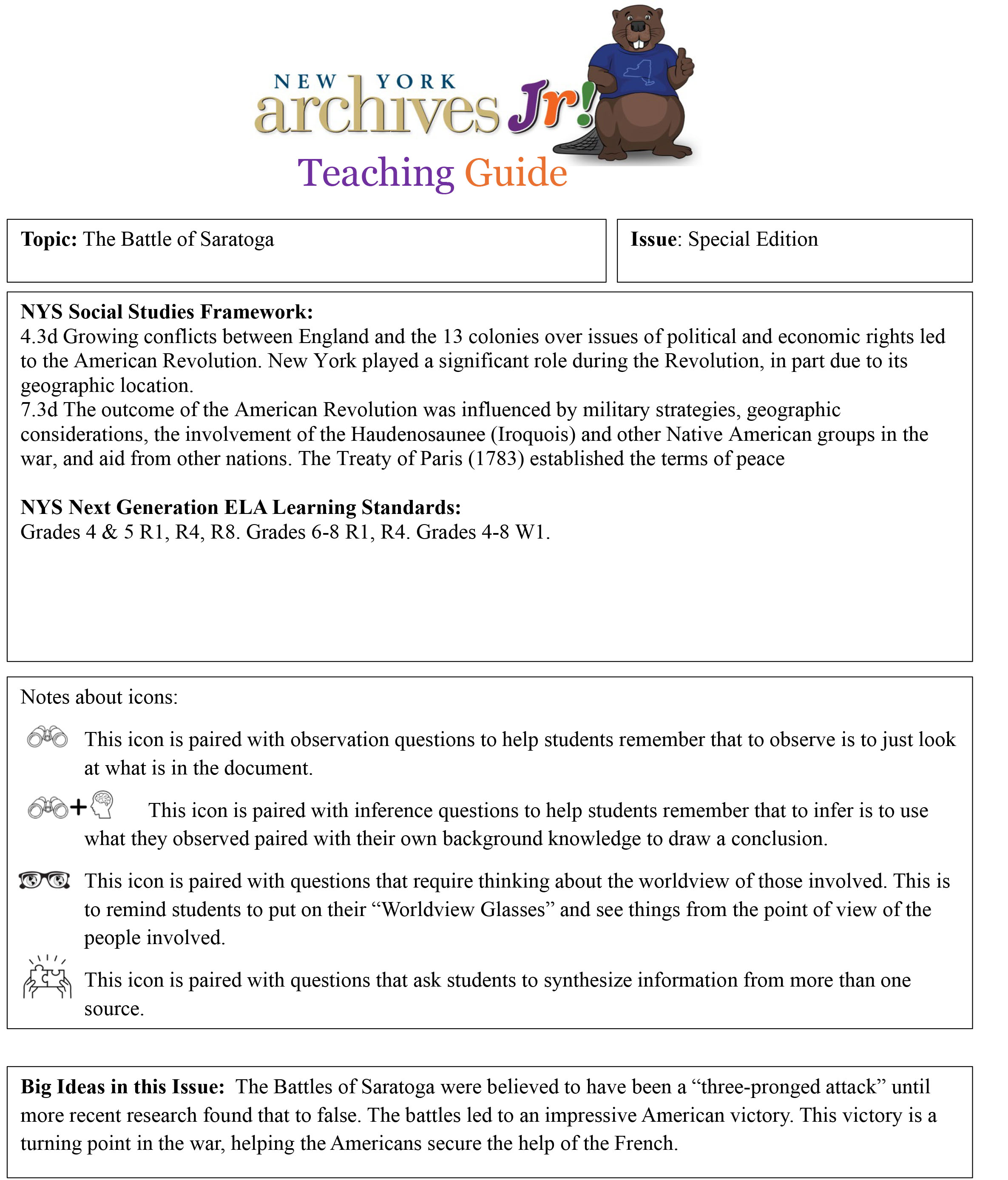 Battles of Saratoga Teaching Guide