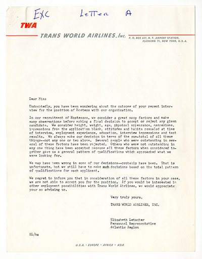 Sample Rejection Letter from Trans World Airlines (TWA)
