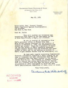 Letter to Henry Spitz confirming hire of another woman of color at TWA