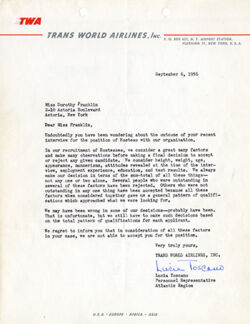 Dorothy Franklin Rejection Letter from TWA